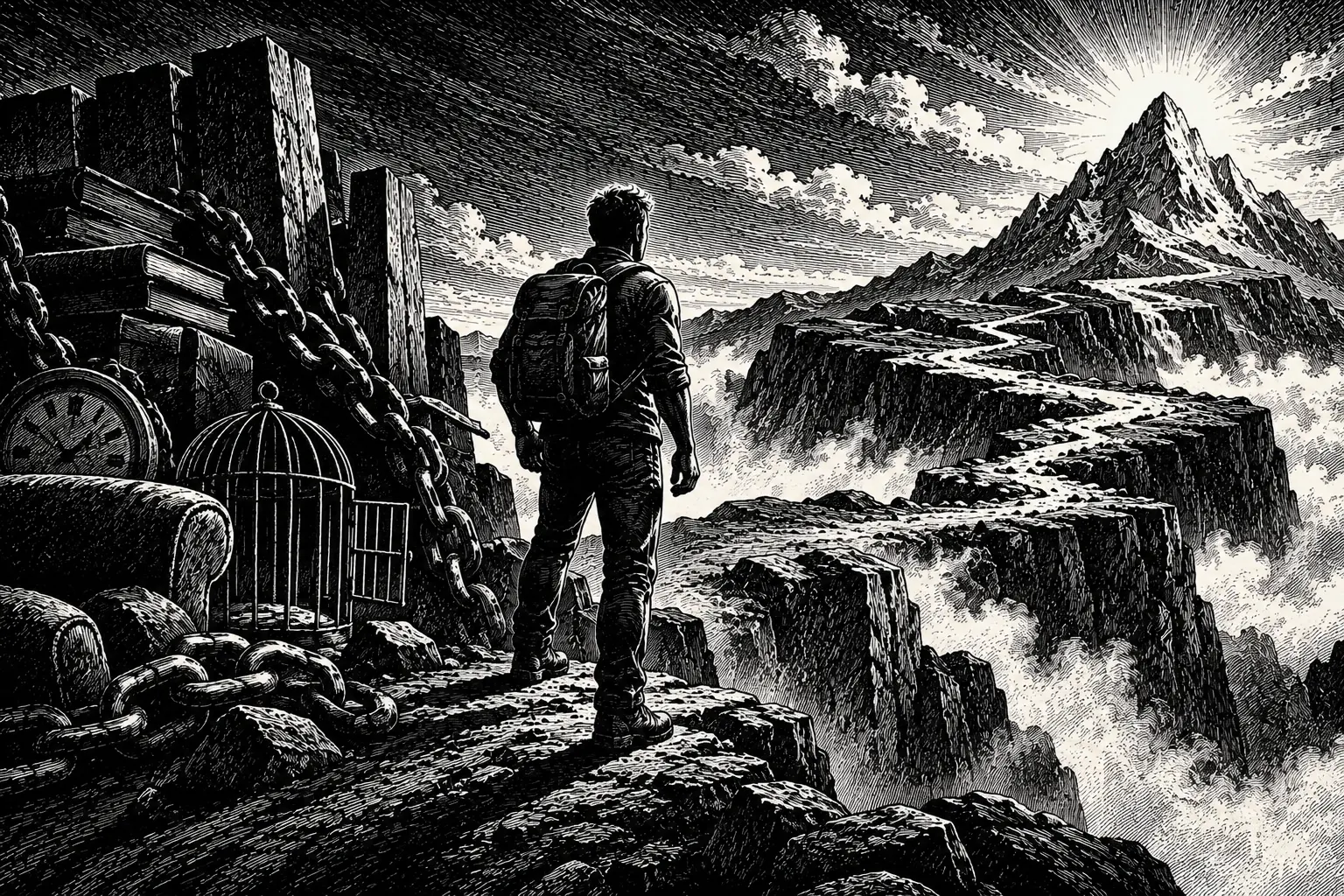 A traveler with a backpack standing on a rocky ledge, looking toward distant mountains — the climb ahead