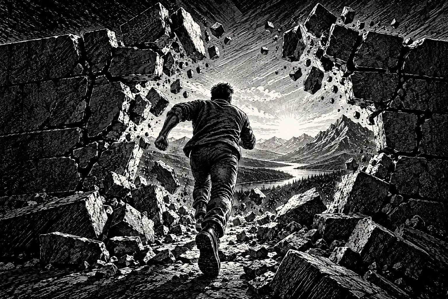 A figure breaking through a stone wall toward mountains — breaking the barriers